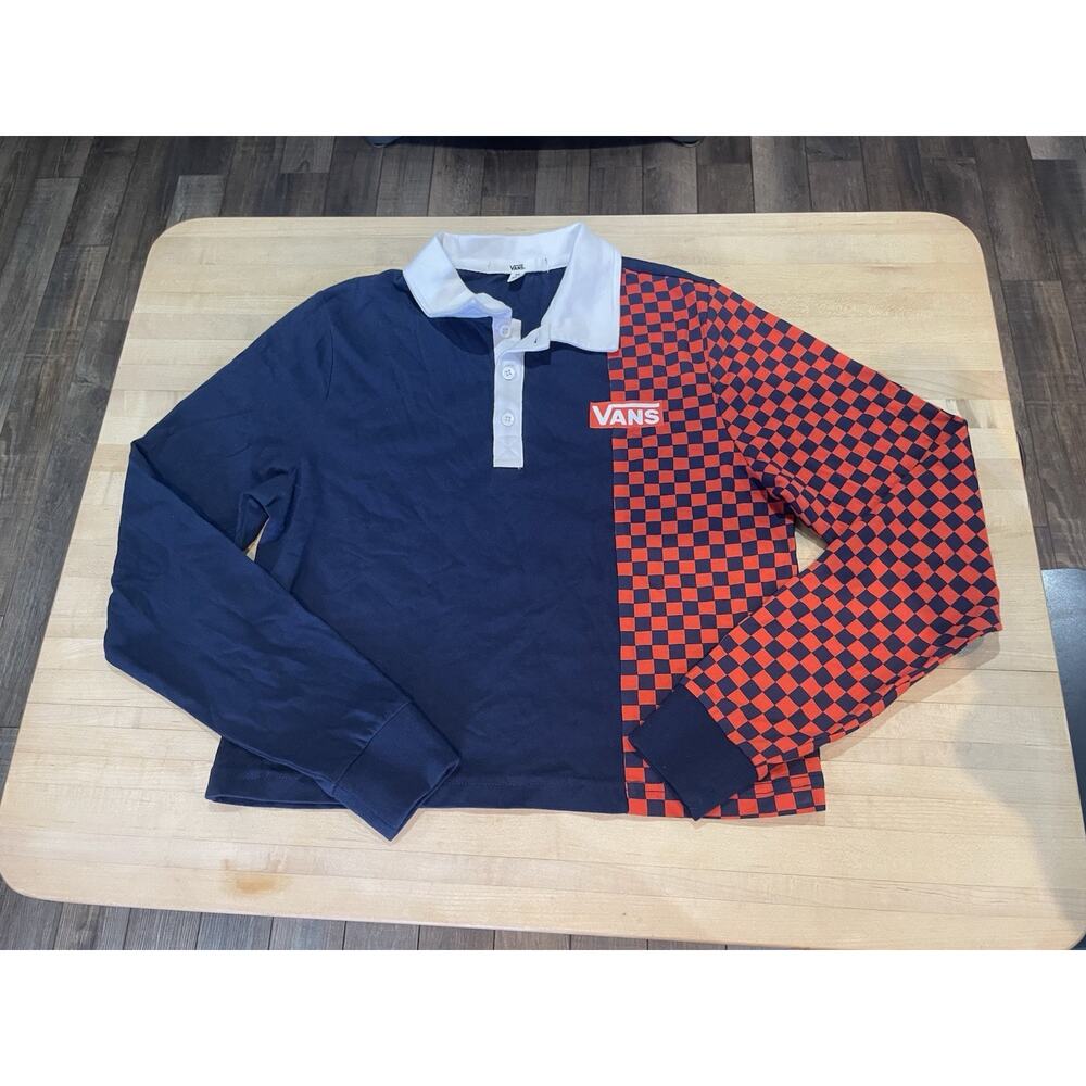 Vans Pro Stitch Cropped Polo Color Block Red Check Navy Blue Long Sleeve XS
